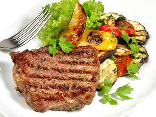 Medium Beef Steak with grilled Vegetables and Barbecue Sauce