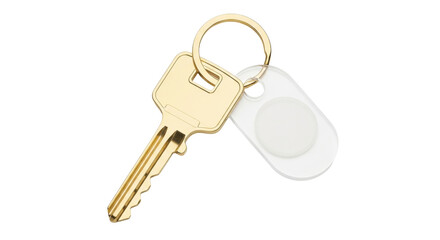 Isolated gold key with round key ring and blank tag on a key chain for modern security