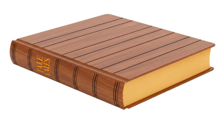 Isolated hardback book with a wooden textured cover, closed tales book, school textbook lying flat