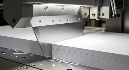An industrial guillotine paper cutter machine slicing through a large stack of clean white paper in a print shop