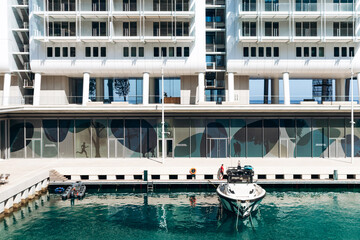 Obraz premium Monaco, Monaco - June 28, 2025: Mareterra eco-district featuring contemporary waterfront architecture blending sea and urban landscape