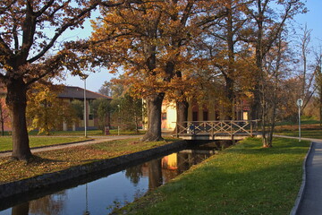 Footbridge over the water channel "Zlata stoka" in Trebon, Jindrichuv Hradec District, South Bohemian Region, Czech Republic, Europe

