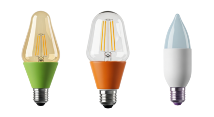 Isolated Edison bulbs display color coded bases for the living room or home lighting design