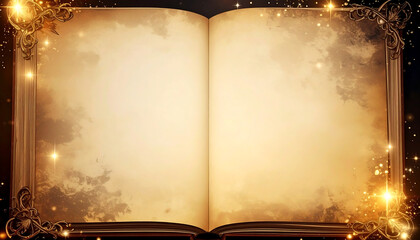 Ancient open book with blank aged pages and ornate golden frame, warm magical glow, vintage texture evoking wonder and mystery