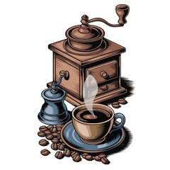 Vintage Coffee Grinder & Steaming Cup – Nostalgic Brew Scene with Beans and Steam