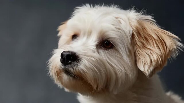 Adorable white havanese dog with fluffy fur captured in profile view against gray background
