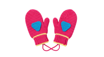 Isolated pair of handmade pink knitted mittens for winter with blue heart patch
