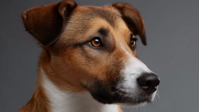 Close-up portrait of a brown and white dog with focused expression