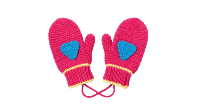 Isolated pair of handmade pink knitted mittens for winter with blue heart patch