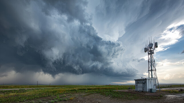 An automated weather station records climate data beneath a storm-filled sky.