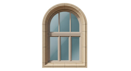 Isolated arched window with beige stone frame and divided glass panes for architecture design