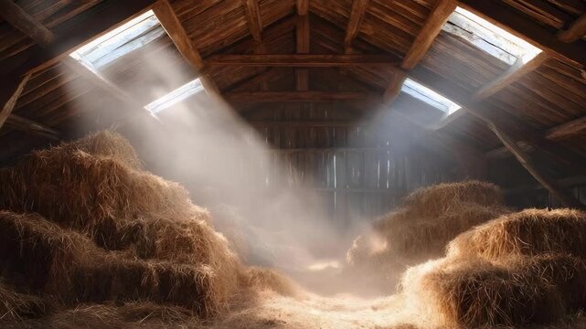 Inside a rustic barn, hay bales stacked on both sides, sunlight streaming through skylights and dust glowing in the air.