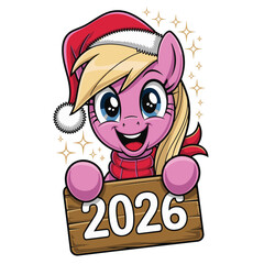 Festive Pink Pony Christmas Art – Santa Hat, Scarf & 2026 Sign Illustration