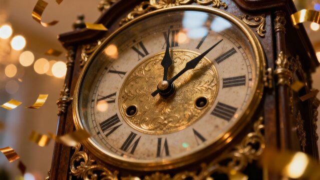 Vintage clock showing midnight countdown to New Year celebration