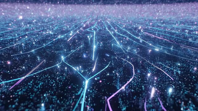 Futuristic, glowing network of light pathways in blue and purple - Powered by Adobe