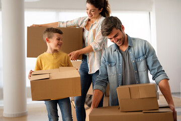 New home, box and parents with child in new house, property mortgage and real estate investment.