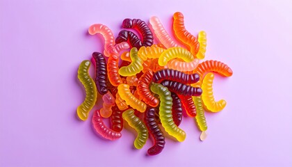 Colorful pile of gummy worms against pink backdrop