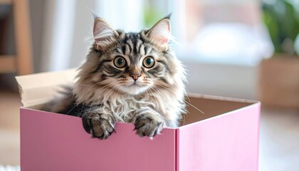 Fluffy Maine Coon Cat Peeking Out of a Pink Cardboard Box Indoors with Soft Natural Lighting
