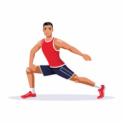 A fit man in athletic wear performs a dynamic lunge stretch, demonstrating flexibility and strength.