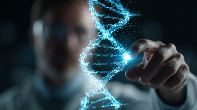 Scientist's hand touching a futuristic glowing dna strand representing genetic research
