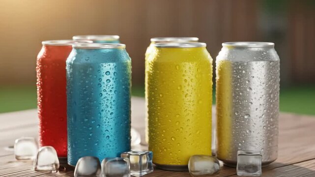 Cool beverage cans with condensation and ice on a wooden surface