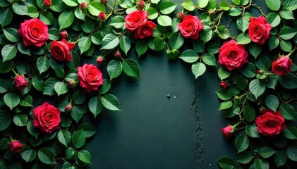 Elegant ivy and rose vine border, rich green leaves, deep red roses, textured stone wall. An elegant border composed of dense ivy and deep red rose vines gracefully climbing a textured, weathered