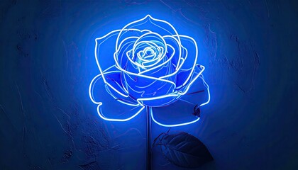 Glowing blue neon rose on textured background