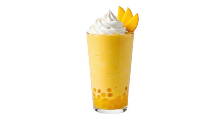Isolated mango bubble tea with whipped cream and fresh fruit garnish, delicious drink