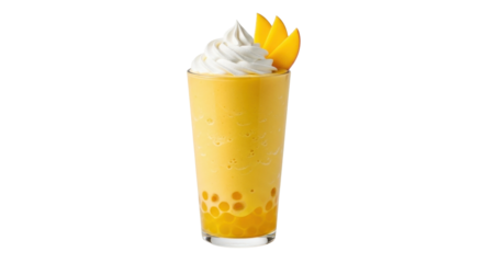 Isolated mango bubble tea with whipped cream and fresh fruit garnish, delicious drink