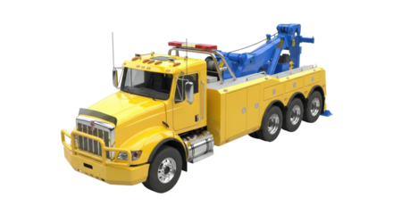 Isolated yellow heavy-duty tow truck with blue crane on neutral background for vehicle recovery