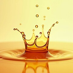 Luxury and premium quality concept with a golden liquid oil splash forming a crown shape on a yellow background