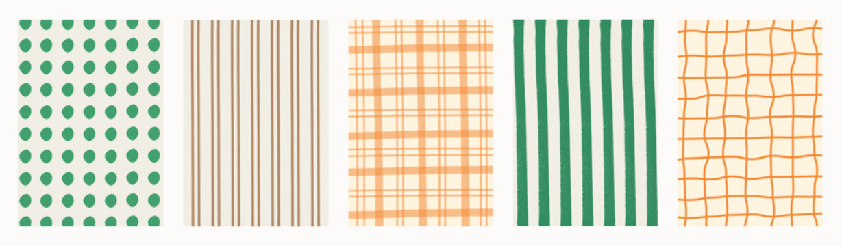 Retro hand drawn patterned backgrounds with polka dots, stripes, plaid, and grid in green and orange. Abstract rustic textile, vintage fabric, kitchen towel, scrapbook, decorative wallpaper design.