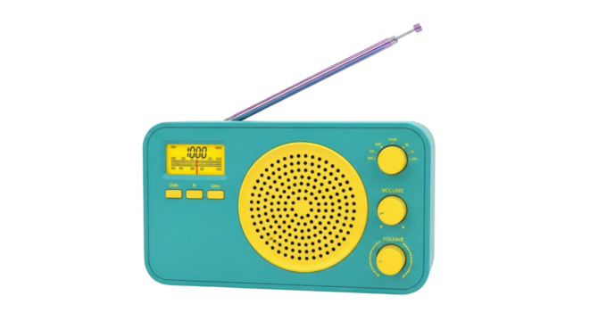 Isolated portable teal radio, yellow speaker and buttons, vintage or retro, old fashioned style