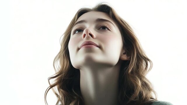 A woman holds a frisbee and gazes up at the sky, perfect for outdoor or sports-related themes