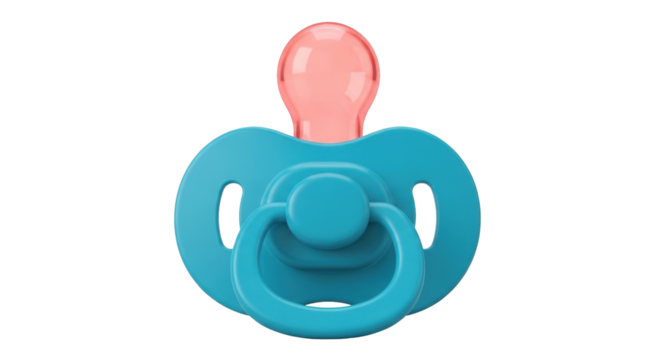 Isolated Baby pacifier with bright teal frame and red teat. Baby, care and childhood