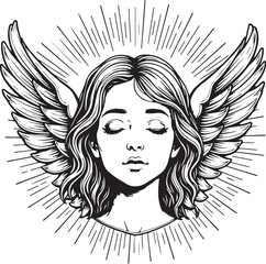 A serene angel portrait with feathered wings radiates tranquility, embodies purity, and reflects celestial grace.