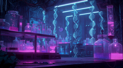 Futuristic Neon Science Lab with Glowing DNA Helixes and Chemical Glassware – Sci-Fi Biotechnology Concept Art