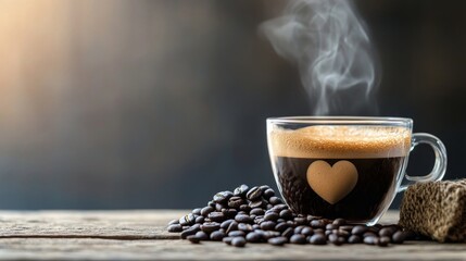 Steaming coffee in clear cup with heart, perfect for a cozy morning or a comforting break, rustic wood table with warm dark backdrop for a relaxing vibe
