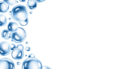 Delicate air bubbles float in cemicircular frame,captured in soft blue watercolor monochrome.For ethereal designs and ocean-inspired projects.Hand drawn illustration for aquatic arrangements