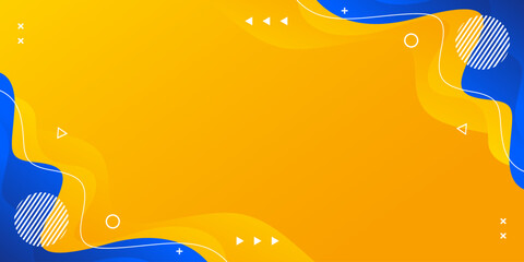 Abstract orange-yellow and blue fluid wave background with geometric shapes. Modern dynamic wallpaper. Template banner background for sales, business, ads, events, web, pages, and more