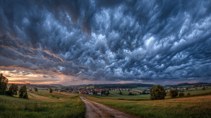 Dramatic evening cloud formations appear over the landscape