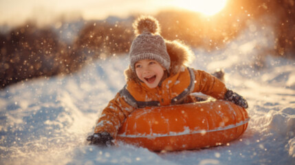 A joyful young boy of Caucasian descent enjoying winter fun, sledding down a snowy hill with a bright orange inner tube.