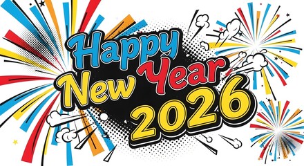 Happy new year greeting card with colorful fireworks and the year two thousand and twenty six