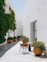 Naklejka premium Modern outdoor courtyard corner with white marble wall, large terracotta planters, green ivy, and single wooden chair under sunlight