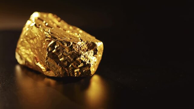 Gold nugget rotating slowly on dark surface