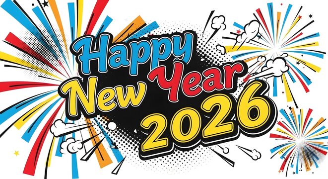 Happy new year greeting card with colorful fireworks and the year two thousand and twenty six