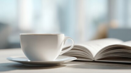 Fototapeta premium A close-up of a white coffee cup beside an open book, creating a cozy reading atmosphere with soft morning light.