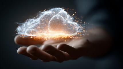 Futuristic Digital Cloud in Hand Representing Cloud Computing, Data Storage, and Innovation in Virtual Technology