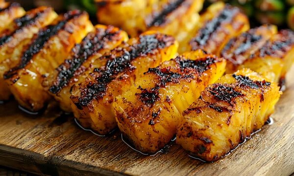 Close up of juicy grilled pineapple slices with char marks on wooden board.