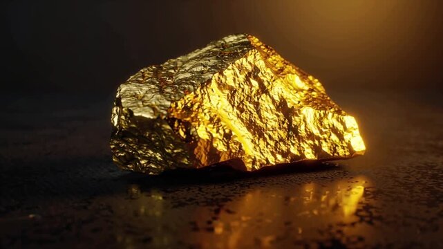 Golden nugget rotating slowly on dark surface